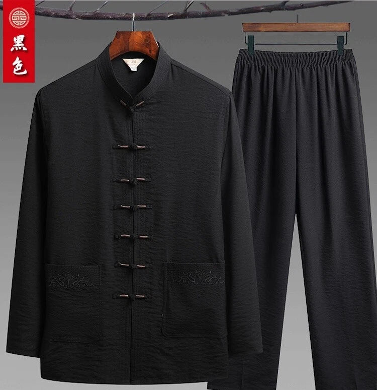 Chinese Traditional Clothing Kung Fu Buckle Shirt Oriental Retro Top Pants Set 07FC0E-D4 - KOEEK