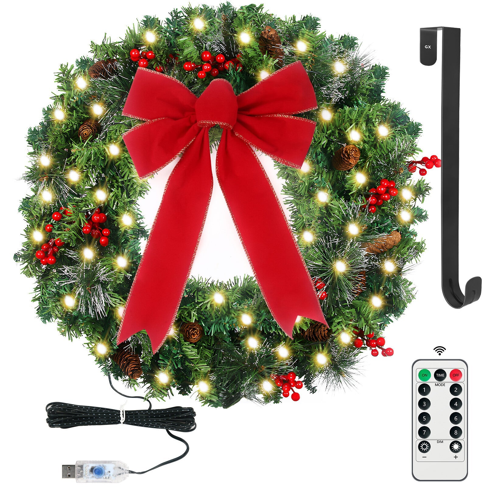 24" Prelit Christmas Wreath with LED Warm White Lights For Front Door Decoration 07FC0E-D4 - KOEEK