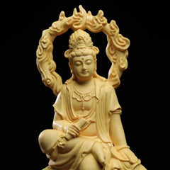 15cm Boxwood Carved Guanyin Statue Wooden Buddha Figurine Home Altar Decor 07FC0E-D4 - KOEEK