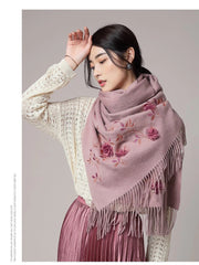 Womens soft Cashmere Scarf Bandana 3D Pink Flower Embroided Cape Shawl Pashmina 07FC0E-D4 - KOEEK