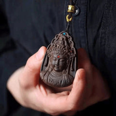 Woven Rope Godness Guanyin Necklace Natural Wood Buddha Blessing Pendant 07FC0E-D4 - KOEEK