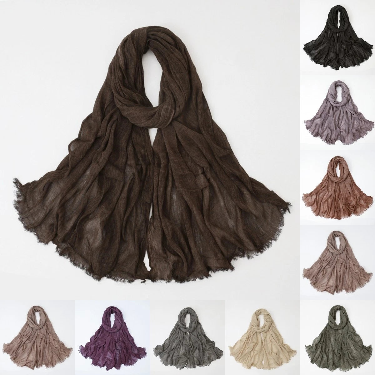 Solid Color Cotton-linen Scarves Women Head Scarves Crinkled Shawls Headscarves 07FC0E-D4 - KOEEK