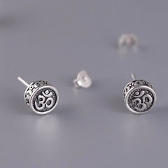 Solid 925 Sterling Silver Buddhist Mantra Round Stud Earrings 0.31inch 07FC0E-D4 - KOEEK