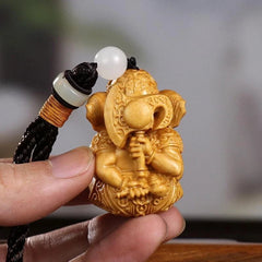 Boxwood Carved Elephant God Figurine Keychain Pendant Wood Statue Car Hanging 07FC0E-D4 - KOEEK