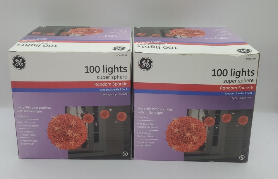 2 GE Super Sphere Holiday Classics 100 Lights Orb Red Lighted Christmas Fairy GE - KOEEK