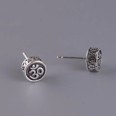 Solid 925 Sterling Silver Buddhist Mantra Round Stud Earrings 0.31inch 07FC0E-D4 - KOEEK