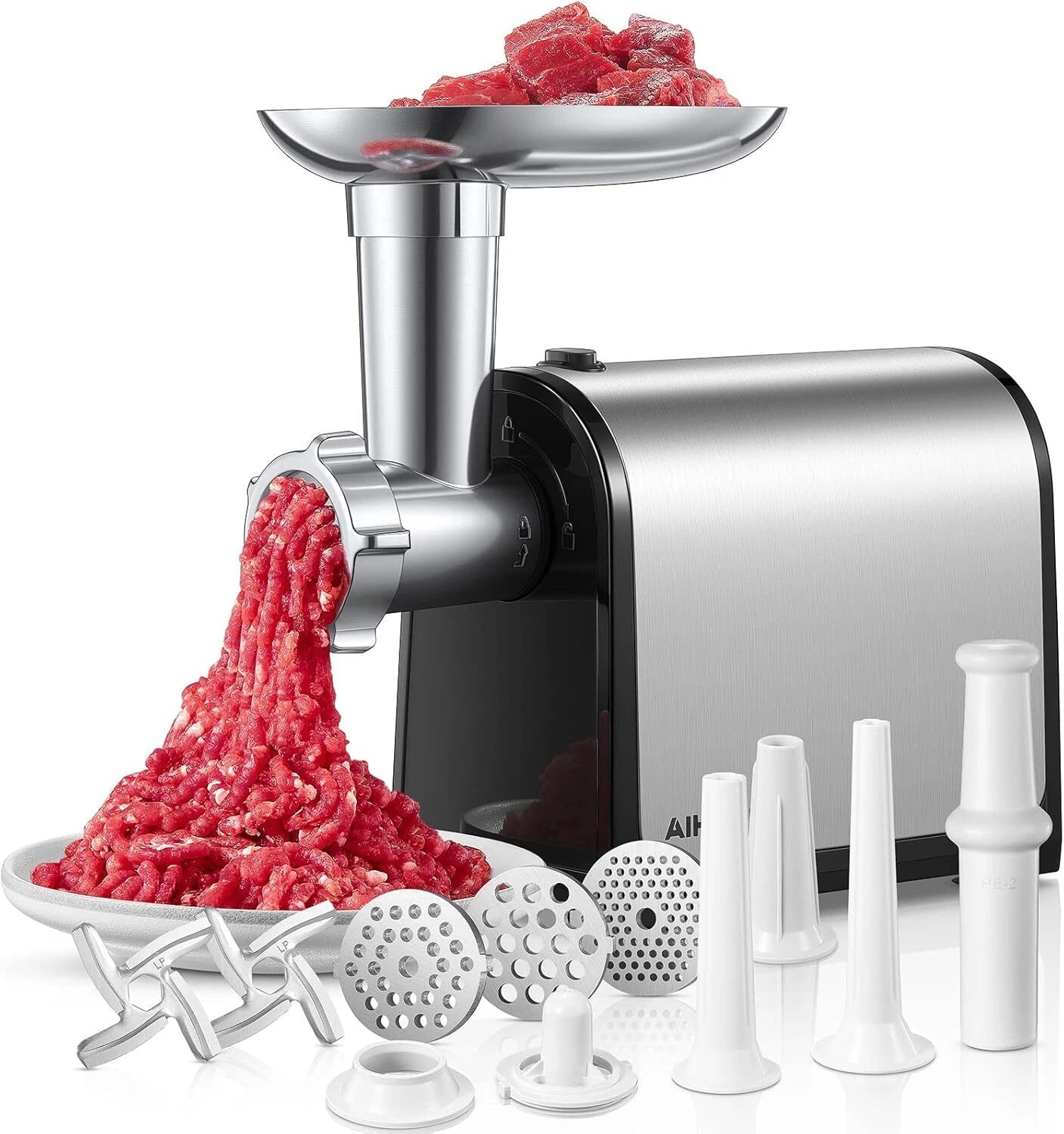 Electric meat grinder with 3 sausage tubes for home kitchen, stainless steel 07FC0E-D4 - KOEEK