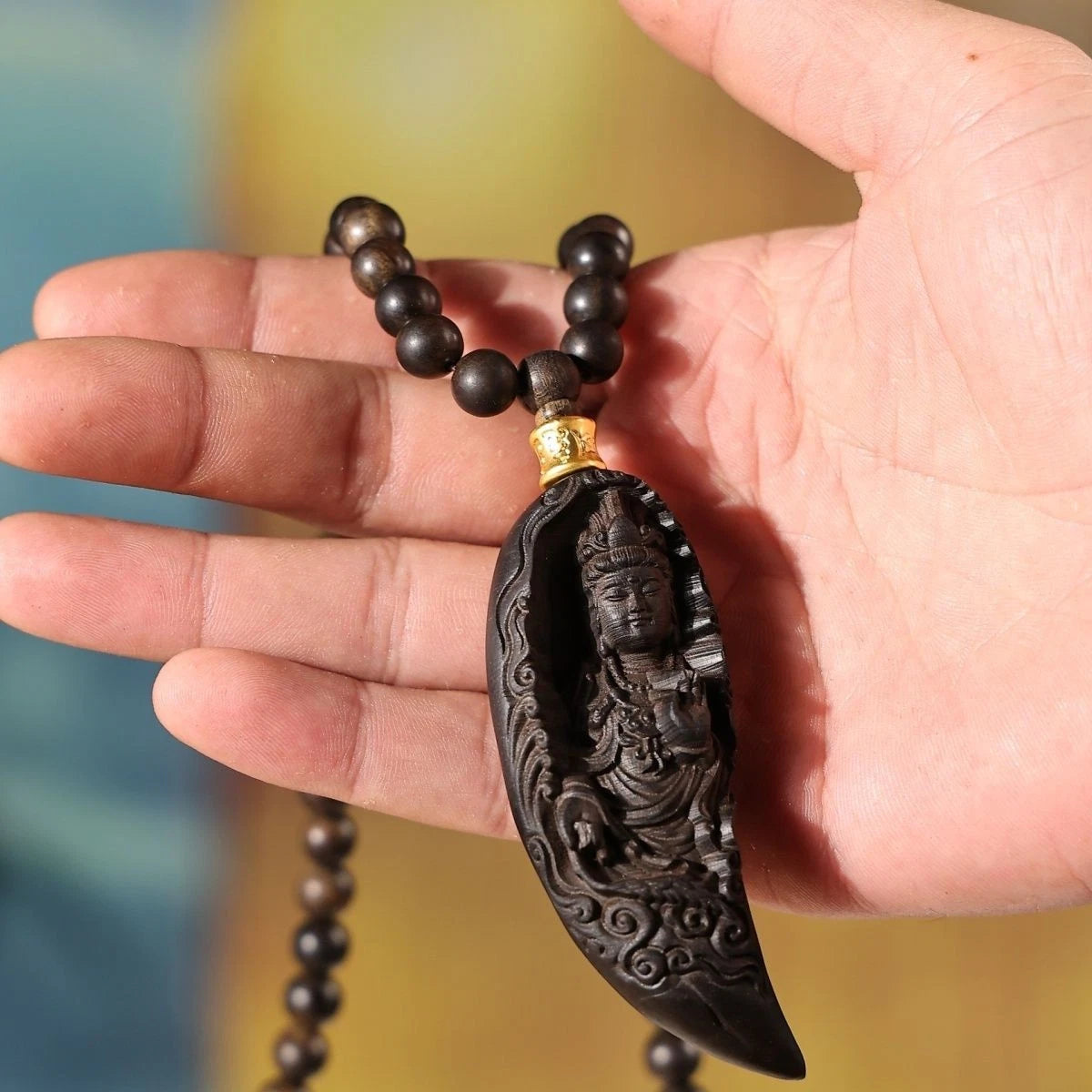 Vietnam Agarwood Crescent Guanyin 108 Beads Necklace Car Hanging Ornament 07FC0E-D4 - KOEEK