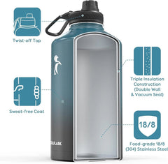 128 oz.Gallon Insulated Water Bottle with Straw and 3 Lids,Stainless Steel Metal 07FC0E-D4 - KOEEK