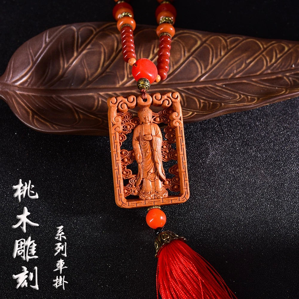 Car Hanging Ornament Buddha Interior Accessory Double-Sided Carved Peach Wood 07FC0E-D4 - KOEEK