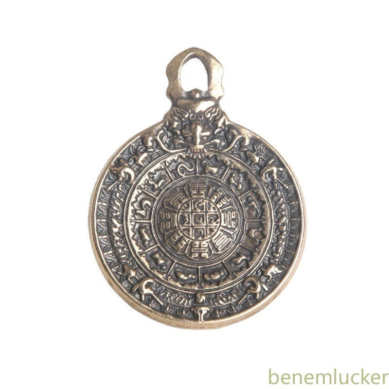 Retro Copper Nine Palaces Bagua Board Amulet Feng Shui Auspicious Pendant 07FC0E-D4 - KOEEK