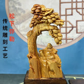 Cai Bai Wood Carved Laughing Buddha Figurine Under Tree Home Décor Chinese Style 07FC0E-D4 - KOEEK