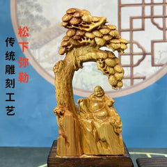 Cai Bai Wood Carved Laughing Buddha Figurine Under Tree Home Décor Chinese Style 07FC0E-D4 - KOEEK