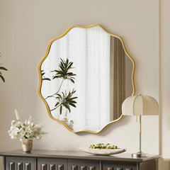 Gold Scalloped Circle Mirror,20" Wavy Edge Round Wall Mirror with Tempered Glass 07FC0E-D4 - KOEEK