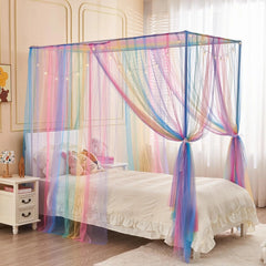 Rainbow Bed Canopy for Girls Kids with Light, 4 Corner Post Princess Canopy Bed 07FC0E-D4 - KOEEK