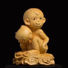 9cm Exquisitely Boxwood Handcarved Cute Monkey Holding Peach Tea Pet Ornament 07FC0E-D4 - KOEEK