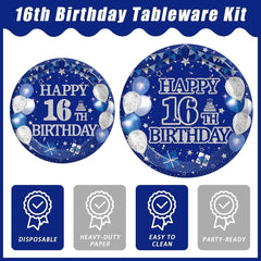 96-piece 16th birthday party tableware set, blue and silver theme 07FC0E-D4 - KOEEK