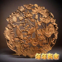 28cm Dongyang Wood Carving Round Koi Wall Hanging Chinese Home Decor 07FC0E-D4 - KOEEK