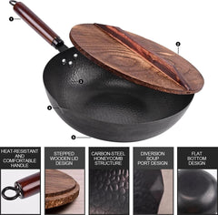 12.8" Carbon Steel Wok-11Pcs Woks & Stir Fry Pans Wok Pan with Lid 07FC0E-D4 - KOEEK
