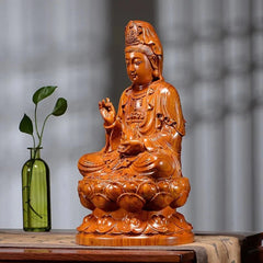 13CM Buddha Statue Seated Lotus Guanyin Buddha Figure Wood Pear Carving Buddhism 07FC0E-D4 - KOEEK