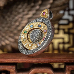 Retro Nine Palaces Bagua Pendant Yellow Wealth God Buddha Board Amulet Necklace 07FC0E-D4 - KOEEK