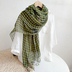 Mens Flax Linen Scarf Green Plaid Breathable Unisex Stole Shawl Neckerchief 07FC0E-D4 - KOEEK