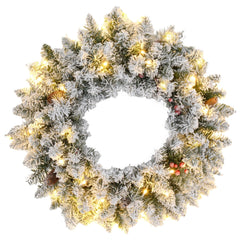 HOMCOM 60cm Flocked Christmas Wreath with Lights Pine Cones Berries Green HOMCOM - KOEEK