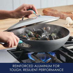 Hard Anodized Non-Stick Wok with Lid,11-Inch Wok with Lid,Gray with Blue Handles 07FC0E-D4 - KOEEK