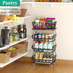 Kitchen Fruit Basket with Wooden Lid, 4 Tier Stackable Wire Storage Basket 07FC0E-D4 - KOEEK