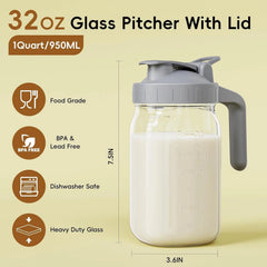 Breast Milk Pitcher Jug - 32 oz Glass Mason Jar Airtight Pitcher Spout Handle 07FC0E-D4 - KOEEK