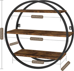 Floating Shelf, 3 Tiers of Decorative Geometric Round Metal, Rustic Brown