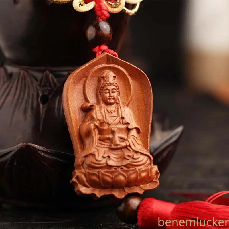 Peach Wood Handcarved Buddha Statue Tassel Amulet Pendant Guanyin Keychain 07FC0E-D4 - KOEEK