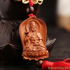 Peach Wood Handcarved Buddha Statue Tassel Amulet Pendant Guanyin Keychain 07FC0E-D4 - KOEEK