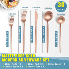 Matte Rose Gold and Silver Flatware Set for 6, Brushed Stainless Steel Flatware