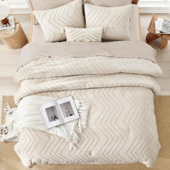 Queen Beige Duvet Cover, 3-Piece Lightweight Chevron Tufted Bedding Set 07FC0E-D4 - KOEEK
