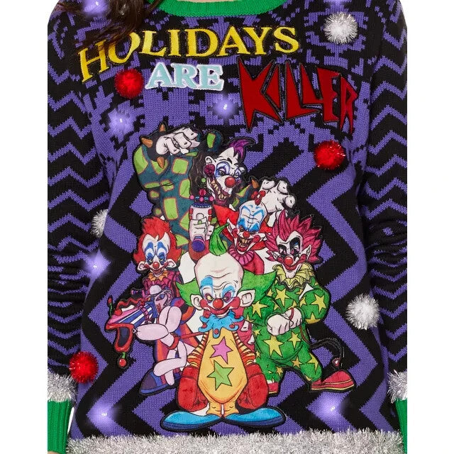 KILLER KLOWNS LIGHT UP & SOUND! UGLY HOLIDAY CHRISTMAS SWEATER ADULT LARGE L 07FC0E-D4 - KOEEK