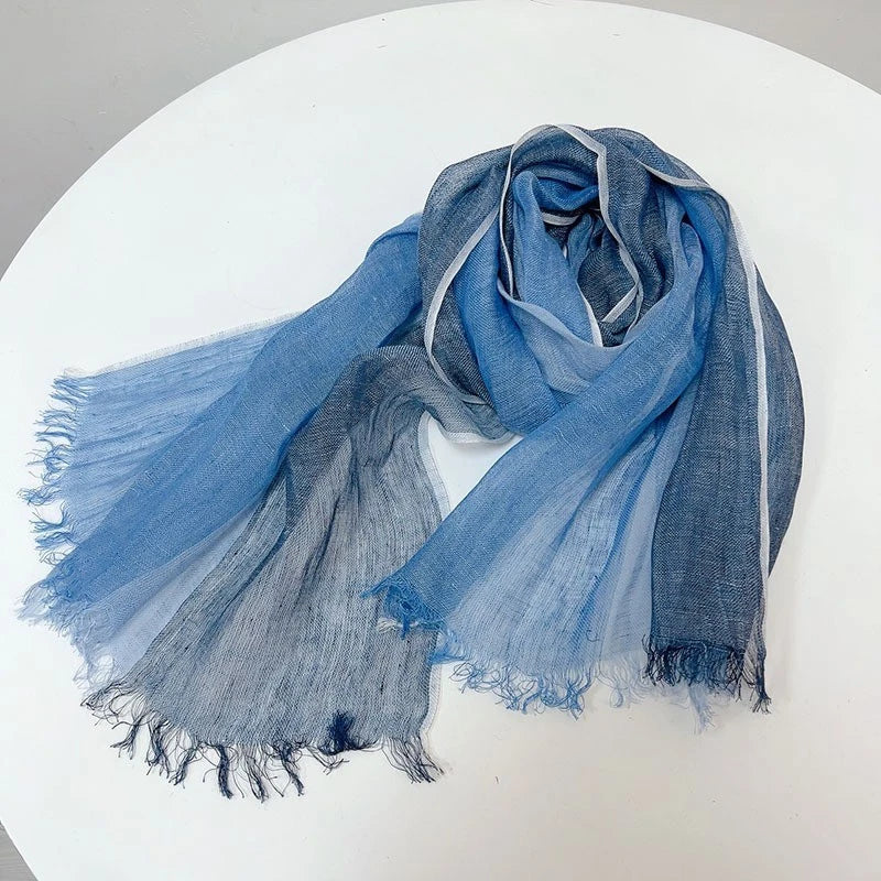 Mens Striped Breathable Blue Scarf Flax Linen Tasseled Stole Neckerchief 07FC0E-D4 - KOEEK