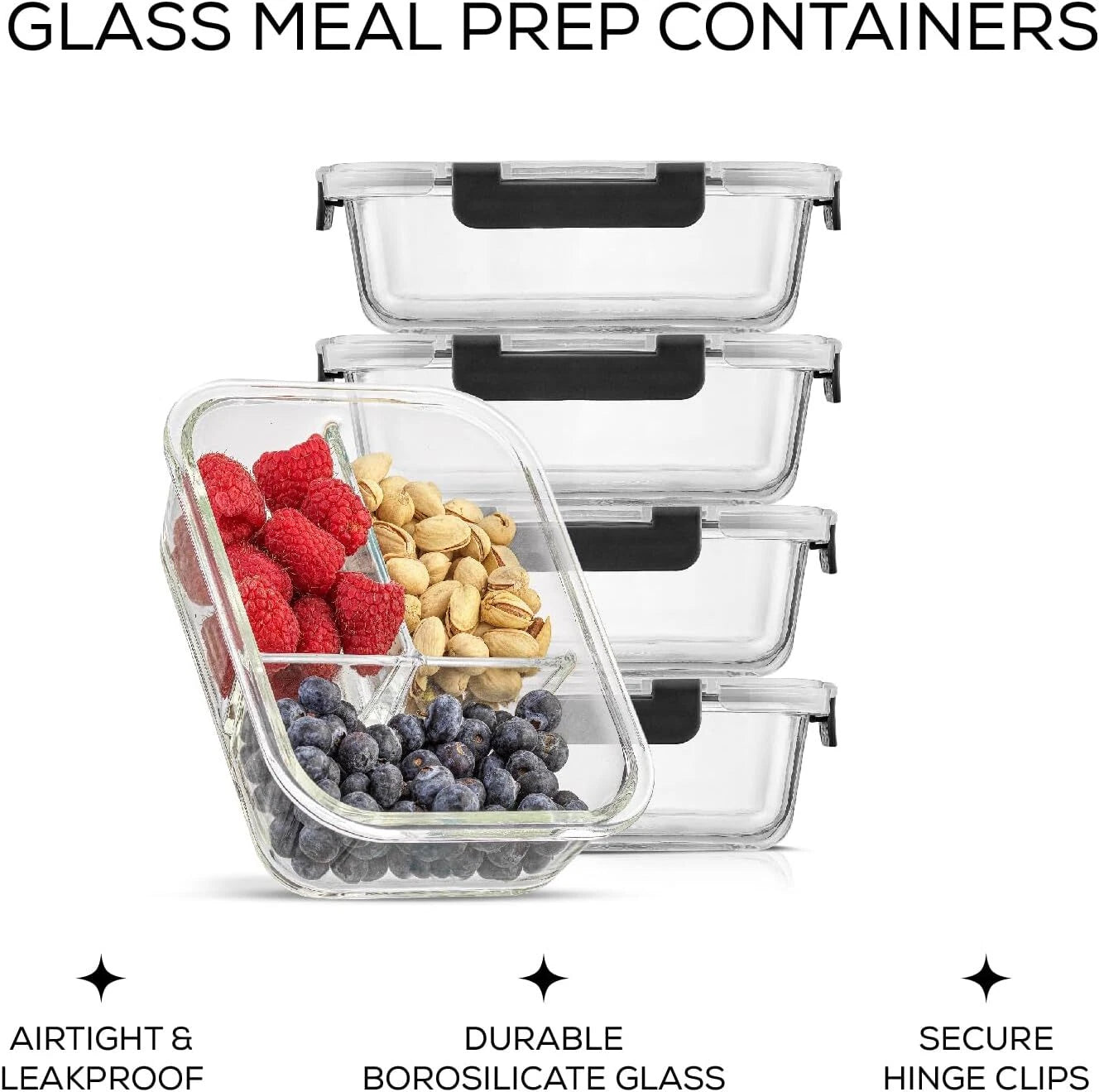 Divided 3 Compartment Glass Lunch Box Set 07FC0E-D4 - KOEEK
