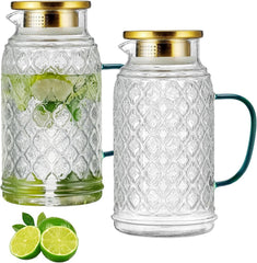 Glass Pitcher with Lid, 2 PACK 68 oz/2 Liter Vintage Water Pitcher, Clear 07FC0E-D4 - KOEEK