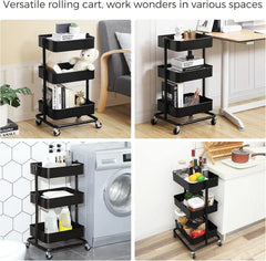 3-Tier Metal Rolling Cart, Utility Cart, Kitchen Cart with Adjustable Shelves 07FC0E-D4 - KOEEK