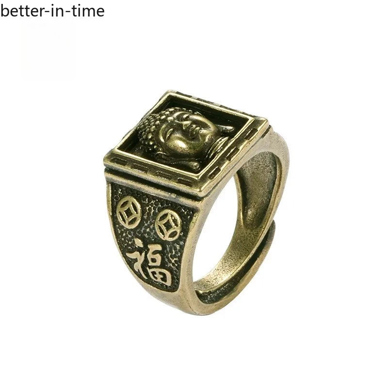 Retro Brass Sakyamuni Buddha Heads Ring Hand-carved Finger Ring Buddhism Rings 07FC0E-D4 - KOEEK