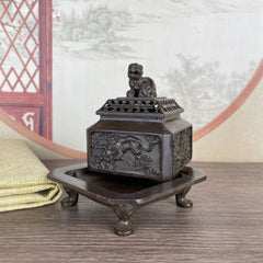 Chinese Style Four Beasts Incense Burner Set Bronze Tone With Lid Decor 07FC0E-D4 - KOEEK