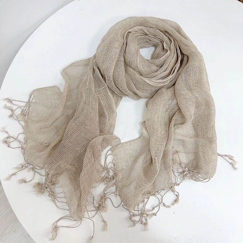 Mens Flax Linen Natural Beige Scarf Breathable Tasseled Neckerchief Shawl 07FC0E-D4 - KOEEK