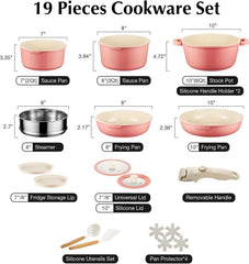 Ceramic Cookware Set, 8-Piece Detachable Handle Nonstick Cookware Set,Pink 07FC0E-D4 - KOEEK