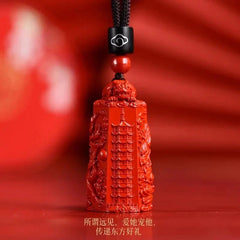 Natural Cinnabar Handmade Dragon Phoenix Wenchang Pagoda Pendant Amulet Necklace 07FC0E-D4 - KOEEK