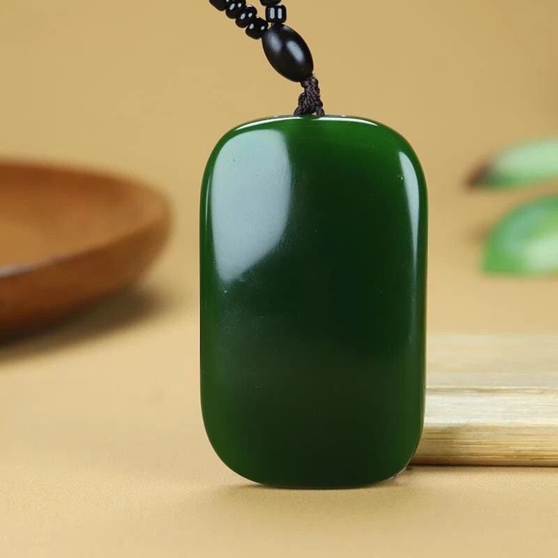 Hetian Jade Rectangular Pendant Mens Green Jade Amulet Necklace Jewelry Gift 07FC0E-D4 - KOEEK