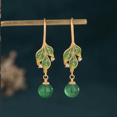 Green Jade Drop Dangle Earrings Boho Gemstone Leaf Design Hook 18K Gold Plated 07FC0E-D4 - KOEEK