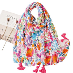 Womens Garden Floral Shawl Tassel Colorful Beach Vacation Pashmina Wrap Scarf 07FC0E-D4 - KOEEK