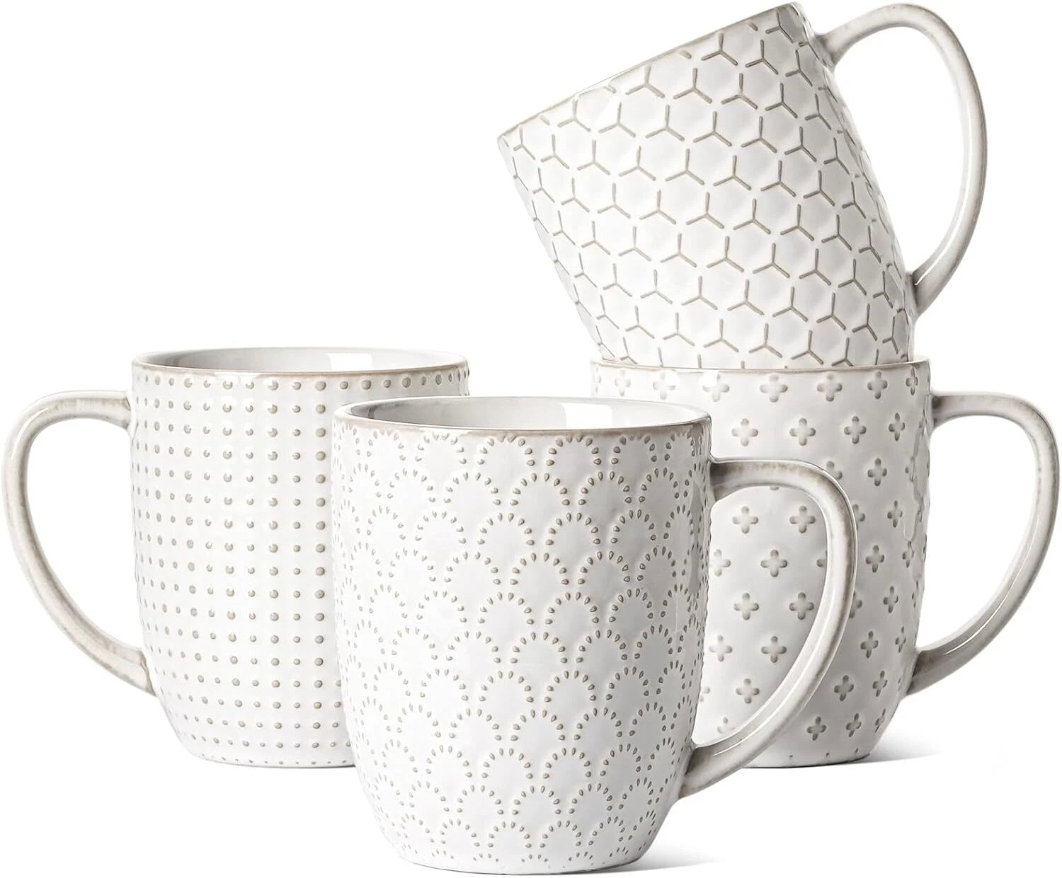 16 oz Coffee Mug Set, Ceramic Mug, Embossed Mug, Set of 4, Arctic White 07FC0E-D4 - KOEEK
