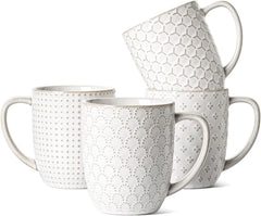 16 oz Coffee Mug Set, Ceramic Mug, Embossed Mug, Set of 4, Arctic White